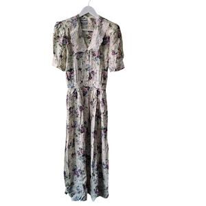 Karin Stevens Women Vintage Beige Green & Purple Floral Button Down Dress Size 8